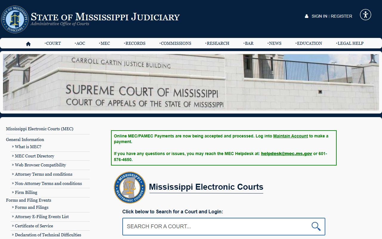 Mississippi court records after jail arrest MEC access
